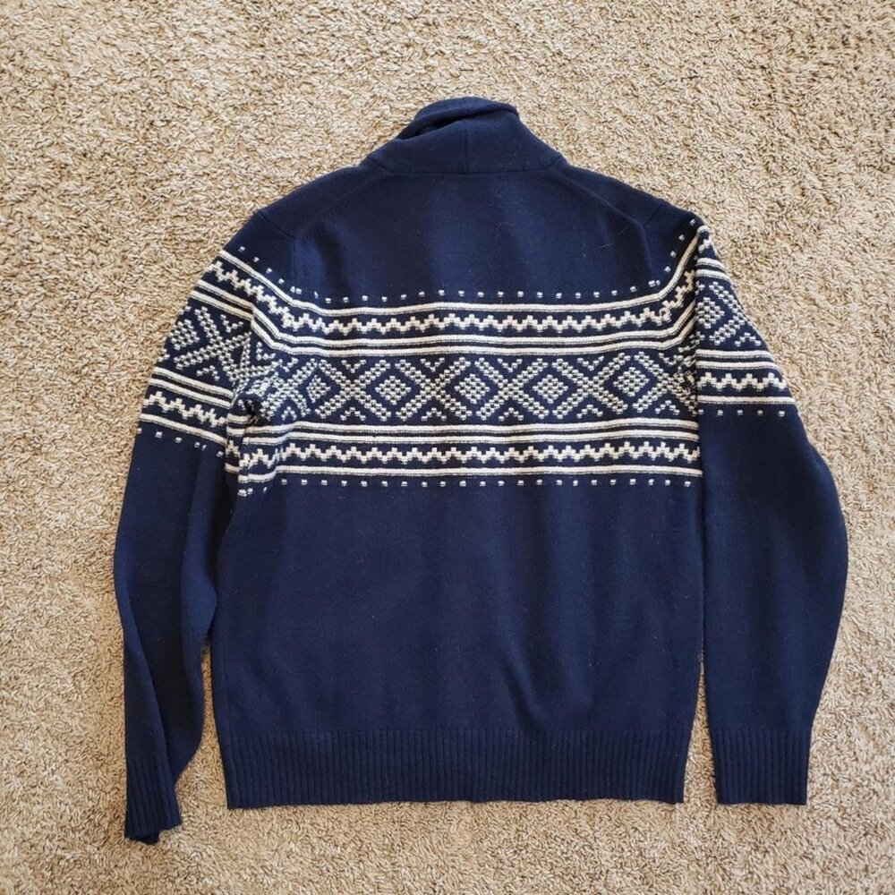 J Crew 100% lambswool shawl collar knit cardigan navy blue fair isle tan M